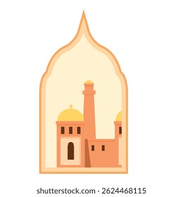 Ilustração de um edifício da mesquita que aparece através de um quadro de janela árabe tradicional