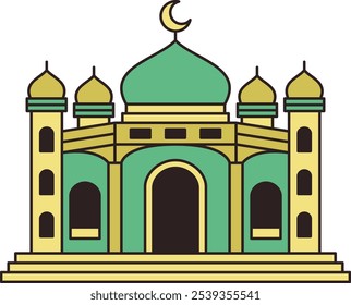 Illustration of Mosque Building with Crescent Moon
