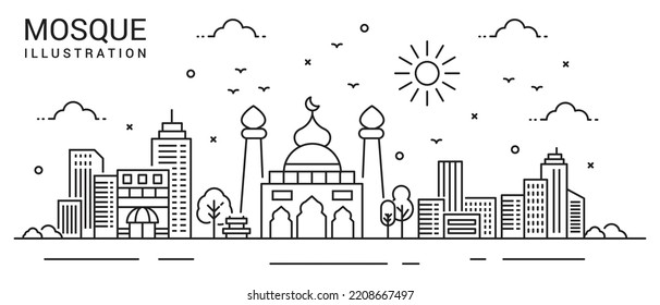 Illustration of a mosque with buildings in thin style