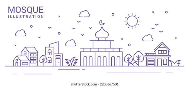 Illustration of a mosque with buildings in thin style