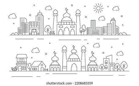 Illustration of a mosque with buildings in thin style
