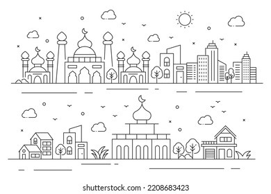 Ilustración de una mezquita con edificios de estilo fino