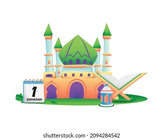 Illustration mosque with calendar, lantern and al quran design