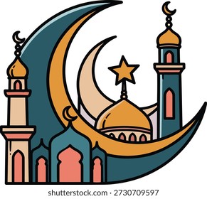 Ilustração de uma mesquita com lua crescente Cena da noite islâmica