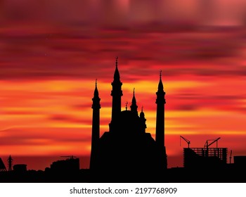 illustration with mosque at dark red sunset