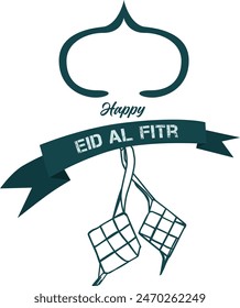 Illustration with a mosque dome, ribbon and ketupat celebrating Eid al-Fitr