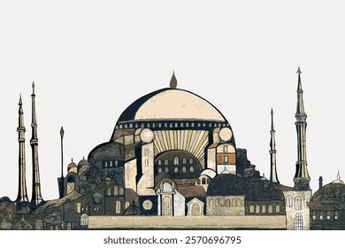 Illustration of a mosque with domes and minarets. Mosque features intricate domes, tall minarets, and detailed architecture. Historic mosque with cultural significance. Isolated vector element.