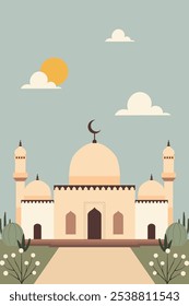Illustration of a mosque in a flat design style, minimalistic architecture, suitable for Islamic content and holiday themes.