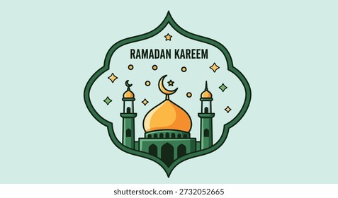 An illustration of a mosque with a golden dome, two minarets, a crescent moon, and stars, all within a decorative frame, with 'Ramadan Kareem' text.