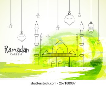 Illustration of a mosque with hanging lantern on colourful yellow and green background for holy month of prayers, Ramadan Kareem celebrations.