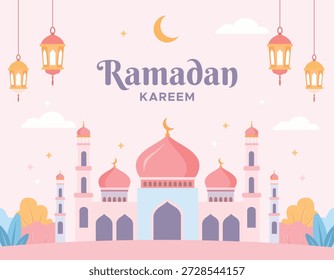 Illustration einer Moschee mit hängenden Laternen und Ramadan Kareem Text auf rosafarbenem Hintergrund mit Wolken und einem Halbmond.