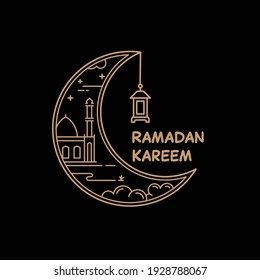 Illustration einer Moschee im Halbmond des Motivs Rmadan. Monoline-Design-Konzept einzeln auf dunklem Hintergrund.