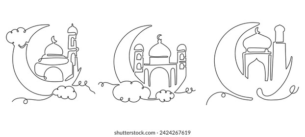 Illustration of a Mosque Inside a Crescent Moon Continuous Line Drawing Style. Ramadan Kareem Collections Element For Design
