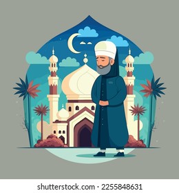 Eine Illustration einer Moschee, islamische arabische Cartoon-Kunst, Vektorgrafik in Ramadan und Eid Fitr, Alfitr, Adha Aladha Feier. Der Islam betet im heiligen Monat Ramadan.