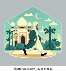 An illustration of a mosque, islamic arabic cartoon art, vector character in Ramadan and Eid Fitr, Alfitr, Adha Aladha celebration. Islam prayers in the holy month of Ramadan.