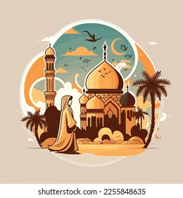 An illustration of a mosque, islamic arabic cartoon art, vector character in Ramadan and Eid Fitr, Alfitr, Adha Aladha celebration. Islam prayers in the holy month of Ramadan.