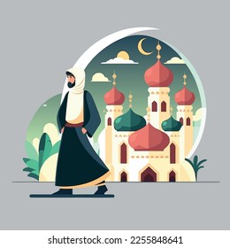 An illustration of a mosque, islamic arabic cartoon art, vector character in Ramadan and Eid Fitr, Alfitr, Adha Aladha celebration. Islam prayers in the holy month of Ramadan.
