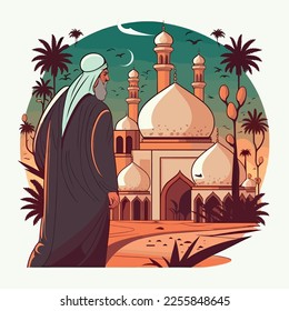 An illustration of a mosque, islamic arabic cartoon art, vector character in Ramadan and Eid Fitr, Alfitr, Adha Aladha celebration. Islam prayers in the holy month of Ramadan.