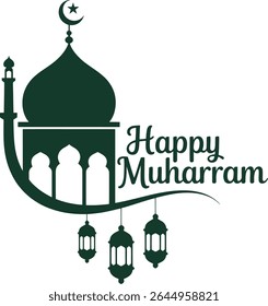 Illustration of a mosque with lanterns wishing happy muharram in green