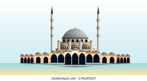 Illustration of mosque with many domes and minarets