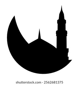 Illustration of mosque and moon icon, for Islamic celebrations, such as Ramadan and Eid al-Fitr