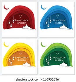 Illustration of mosque, moon, star and lantern make a paper cut Ramadan Kareem background. Good to use for banner, social media feed, etc.