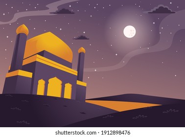 illustration of a mosque at night with the background of the sky and stars