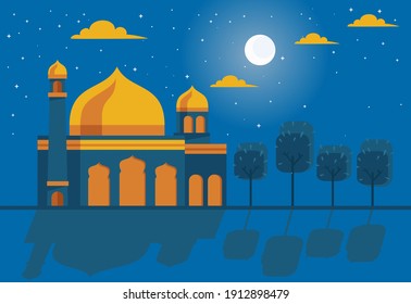 illustration of a mosque at night with the background of the sky and stars