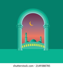 Illustration der Moschee und des Nachthimmels mit Halbmond Blick vom Fenster zum Feiern der Dekoration des heiligen Monats der muslimischen Gemeinschaft Ied Mubarak Feier