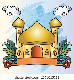 Illustration of a mosque on a blue background with flowers and clouds