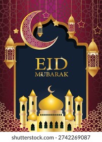 An illustration of mosque on Islamic door with lantern hanging on pink ornament wall background