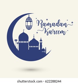 Illustration of mosque on the moon with text Ramadan Kareem