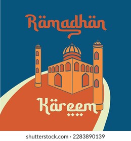 illustration of a mosque from a perspective angle with text ramadan kareem