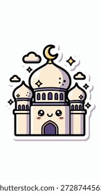 Ilustración de una mezquita con una cara sonriente y luna creciente en la parte superior