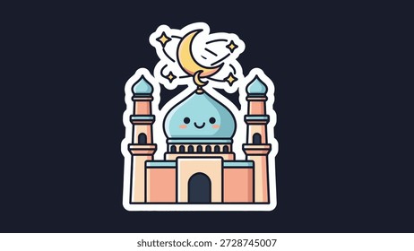 Ilustração de mesquita com rosto sorridente e lua crescente