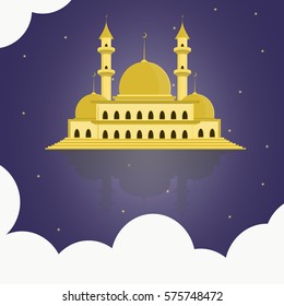 Illustration of Mosque in Starry Blue Sky Background.