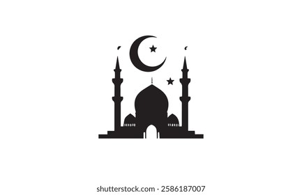  illustration of Mosque sunset sky, moon, holy night, islamic night and silhouette mosque, flat design
