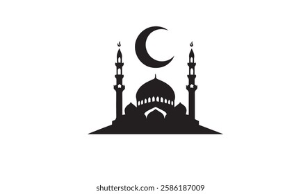  illustration of Mosque sunset sky, moon, holy night, islamic night and silhouette mosque, flat design