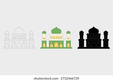 Ilustração de uma mesquita em três estilos diferentes. Uma grande mesquita clássica com uma combinação de creme e cores verdes pastel. Tema do Ramadã, ilustração vetorial.