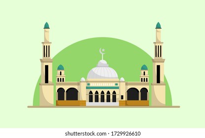 Illustration of a Mosque with white dome. Ramadan Kareem and Eid Mubarak greeting background.