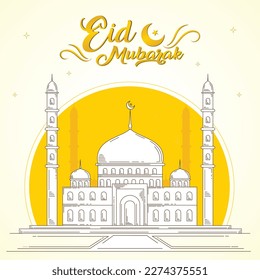 An illustration of a mosque with a yellow background and the words eid mubarak on it