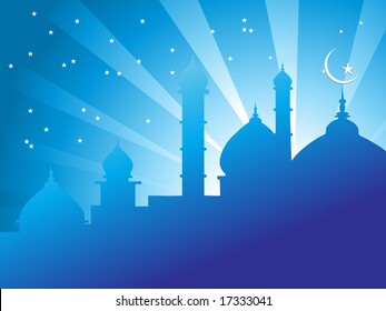 illustration of mosques in over bright night sky Islamic Series