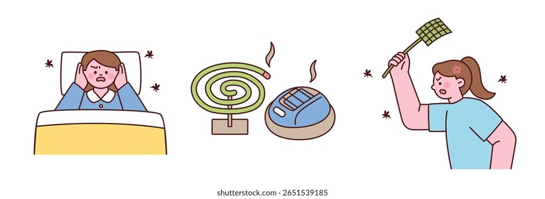 Uma ilustração dos problemas do mosquito: uma pessoa perturbada na cama, bobinas do mosquito, repelentes elétricos e um mata-moscas. Conceitos de controle de pragas e desconforto no verão.