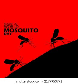 Illustration of mosquitoes perching and flying with bold text on a red background, World Mosquito Day August 20