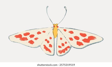 Illustration of a moth with red spots and yellow body. Moth wings spread wide. Moth design with red and yellow accents. Simple moth drawing. Vintage illustration isolated on white, vector.