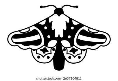 Illustration of a moth spreading its wings, showcasing decorative patterns and details in black and white, ideal for tattoo designs, textile prints, or graphic projects