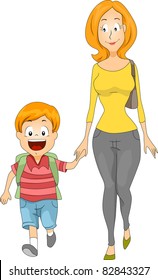 Illustration of a Mother Accompanying Her Kid to School