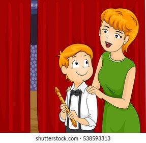 Illustration of a Mother Accompanying Her Little Boy Backstage as He Waits for His Turn to Play the Flute