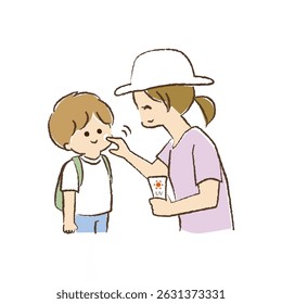 Illustration of a mother applying sunscreen cream to her kid's face.
