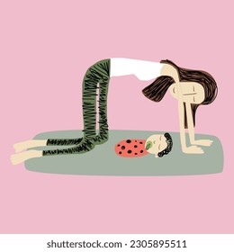 Illustration of a mother with a baby doing yoga cat pose